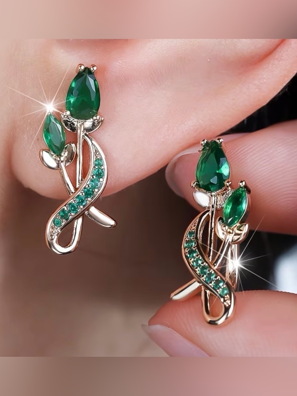 Gold-Tone Emerald Floral Green Stud Earrings.